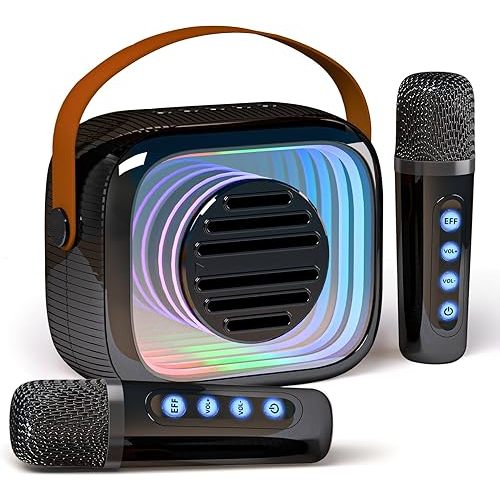 YF93 Mini Karaoke Machine for Kids with Bluetooth Speaker, 7 Voice-Changing Modes, Dual Microphones, Colorful LED Lights, TF Card Support, Portable Singing Gift for Children and Parties(Black)