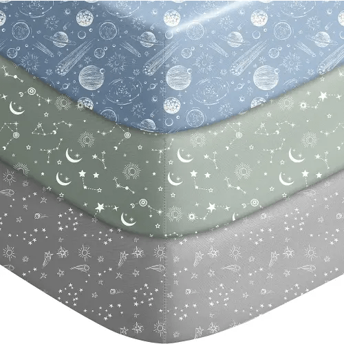 Baby Crib Sheets for Boys Girls, Fitted Crib Sheet Neutral 3 Pack for Standard Crib and Toddler Mattress, Breathable Soft Microfiber Baby Sheet 28x52x8in Gray Green Constellation