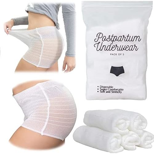 Disposable Postpartum Mesh Underwear [5] for C-Section or Labor Delivery Recovery- Breathable, Soft Panties, Fits 26-37 inch Waist - Convenient, Easy to Pull Up, Reusable Women's Briefs