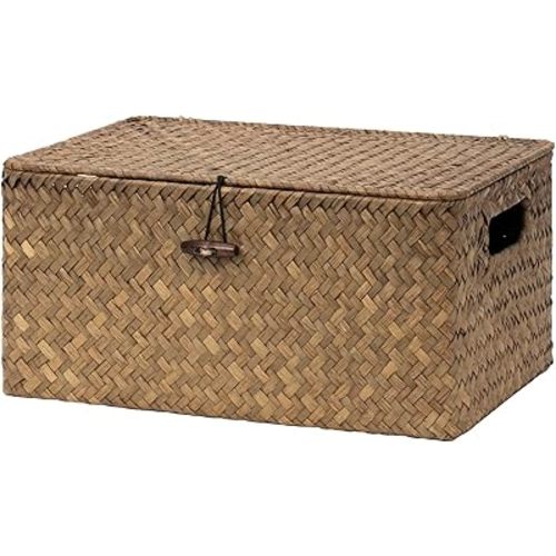StorageWorks Wicker Baskets with Lid for Organizing, Seagrass Storage Baskets for Shelves, Decorative Box with Built-in Handles, Brown, Medium, 1 Pack