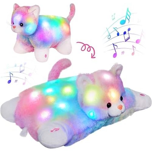Glow Guards 16" Light Up Musical Rainbow Cat Stuffed Animal Glowing Colorful Cute Soft Kitty Plush Toy Pillow Sofa Decors Christmas Children's Day Birthday Gifts for Toddlers Kids