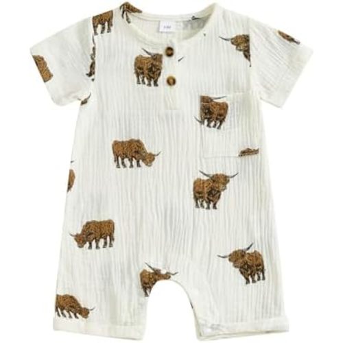 Chloefairy Newborn Baby Boy Western Clothes Highland Cow Romper Short Sleeve Cotton Linen Jumpsuit Cowboy Summer Outfit
