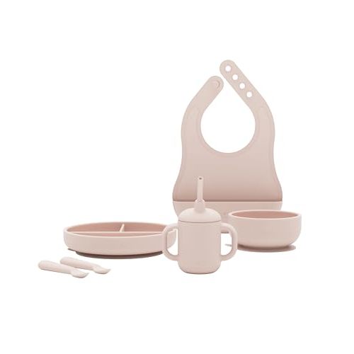 Lalo First Bites Silicone Baby Feeding Set - Baby Led Weaning Supplies - Non-Toxic Silicone - Includes 1 Bib, 2 Spoons, Training Cup, Suction Plate and Bowl - 6 Pieces - Grapefruit
