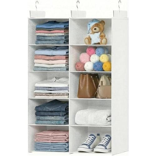 White 5-Tier Hanging Closet Storage Organizer - Space-Saving Dual-Row Foldable Shelves with 3 Hooks, Wardrobe Organizer for Dorm, Bedroom, Clothes and Accessories