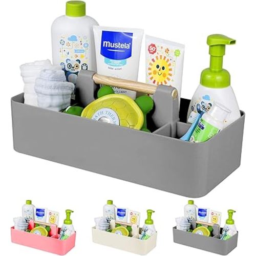 Baby Shower Caddy Plastic Nursery Portable Storage Organizer Caddy Tote for Child/Kids, Divided Basket Bin with Wood Handle for Bathroom, Dorm Room, Holdsn Bottles, Spoons, Gray