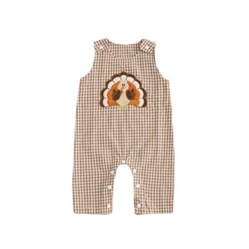 Licupiee Baby Boy Girl Thanksgiving Overalls Plaid Turkey Sleeveless Romper