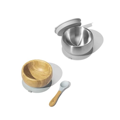 Avanchy Baby Bowls Stainless Steel and Bamboo with Suction and Storage Lids Set for Babies Kids Toddler First Food Feeding, Gray - 2 Bowls. Stainless Steel, Bamboo - Gray Sustainable