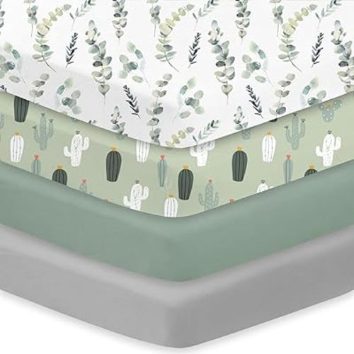 Little Grape Land Crib Sheets 4 Pack, Baby Crib Sheet Set for Standard Crib & Toddler Mattress, Super Soft Breathable Crib Mattress Sheets Fitted Girl & Boy, Leaves/Cactus/Green/Grey Set