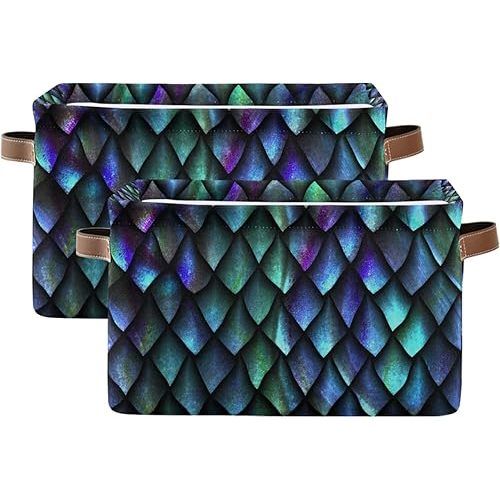 3d Magical Dragon Scales Storage Basket Bins, Animal Print Cool Decorative Baskets Storage Box Collapsible Storage Cubes Organizer with Handles for Nursery Shelf Closet Office Home Bedroom, 2 Pack