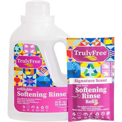 Truly Free Fabric Softening Conditioner for Clothes| Safe for Babies & Kids with Sensitive Skin | Plant-Based | Include 1 Refillable 50oz Bottle with Measuring Cap| Signature Scent (50 Loads)