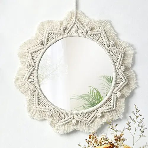Dremisland Macrame Wall Mirror-15 Inch Round Mirror with Macrame Fringe, Boho Decorative Hanging Mirror Wall Decor Art Ornament for Apartment Home Bedroom Living Room Baby Nursery (Beige)