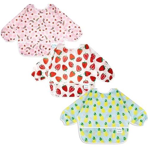 3 Pcs Long Sleeved Bib Set|Baby Waterproof Bibs with Pocket Bundle|Toddler Bib with Sleeves|Stain Resistance Smock 6-24 Month