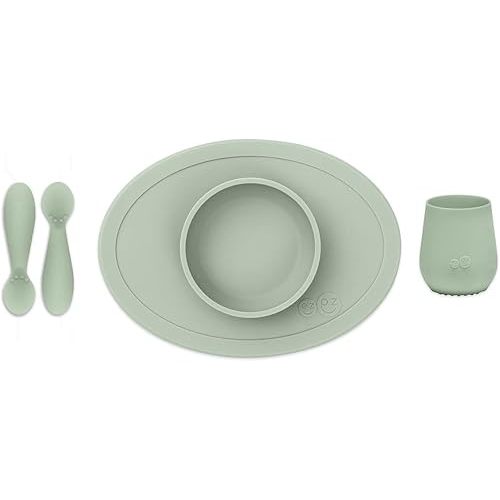 ezpz First Foods Set for Babies – Suctioning Bowl, Cup, & Spoons for Self-Feeding & Fine Motor Skills Development – 100% Food Grade Silicone, Dishwasher Safe – Perfect for 4 Months Plus (Sage)