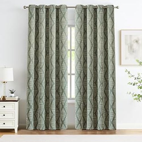 jinchan 100% Blackout Curtains 84 Inch Length Green Geometric Printed Curtains Thermal Insulated Pattern Bedroom Curtains Modern Grommet Top Window Curtain Set Drapes, 2 Panels Sage Green