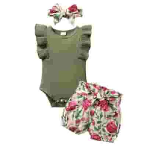 Younger Tree Baby Girl Clothes Infant Summer Outfits Set Ruffle Sleeve Romper and Floral Shorts with Headband for 3-6 Months