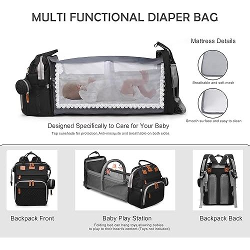 Diaper Bag with Changing Station, Multifunction Travel Baby Bag, Waterproof Baby Tote, Large Capacity Mommy Bag, Newborn Essentials Backpack Bag, Unisex, Black