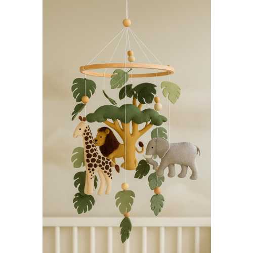 Baby mobile Safari neutral animals nursery mobile felt Africa safari giraffe, hippo and elephant, wooden pearls monstera mobile, Safari crib