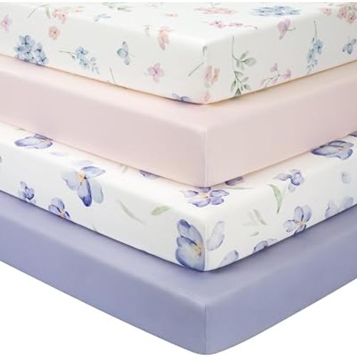 Baby Crib Sheets Girl, Toddler Bed Sheets Fitted for 52”x28” Standard Crib and Toddler Mattresses, 4 Pack Soft Breathable Stretchy Microfiber Pink Purple Floral