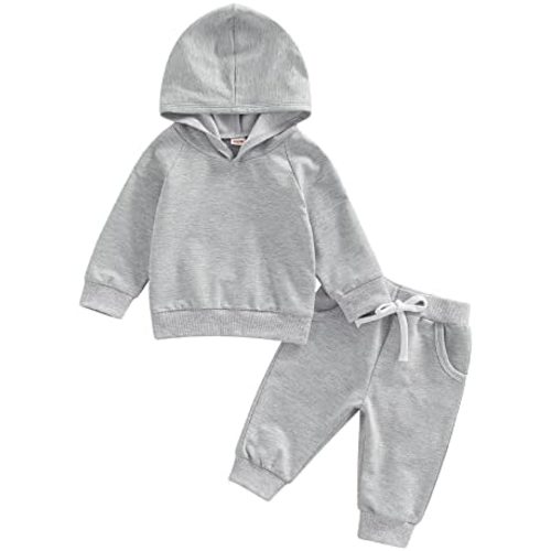 Toddler Baby Boy Girl Fall Winter Outfits Solid Color Long Sleeve Hoodie Sweatshirt Jogger Pants Sweatsuit Clothes