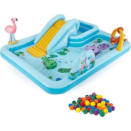 Intex 96 x 78 x 28 Ft Inflatable Jungle Adventure Play Center Spray Kiddie Pool & Small Plastic Multi-Colored Fun Ballz for Ball Pit, 100 Pack