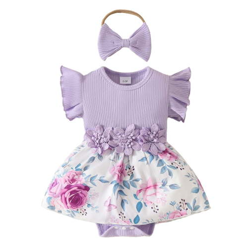 Baby Girls Sleeveless Ribbed Floral Applique Dress Summer Casual Romper With Textured Fabric Soft Dailywear 3-6 Months