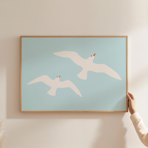 Seagull Art Print, Coastal Wall Art, Blue Beach House Decor, Nursery Poster, Nautical Art Print, Aesthetic Wall Art, Digital Download