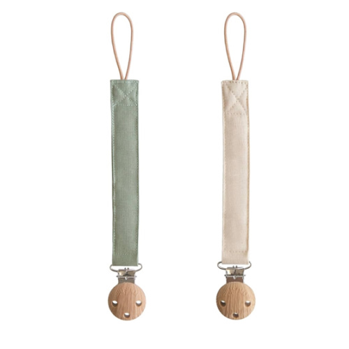 mushie Linen Baby Pacifier Clip Holder | Soft Fabric Strap, 2-Pack (Olive/Shifting Sand)