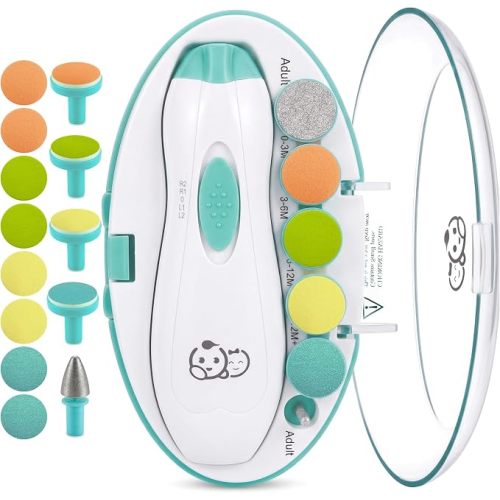Royal Angels Upgraded 21 in 1 Baby Nail Trimmer with Labeled Case, 13 Extra Replacement Pads, Safe Electric Baby Nail File Kit for Newborn & Toddler, Whisper Quiet Nail Clipper with LED Light (Green)