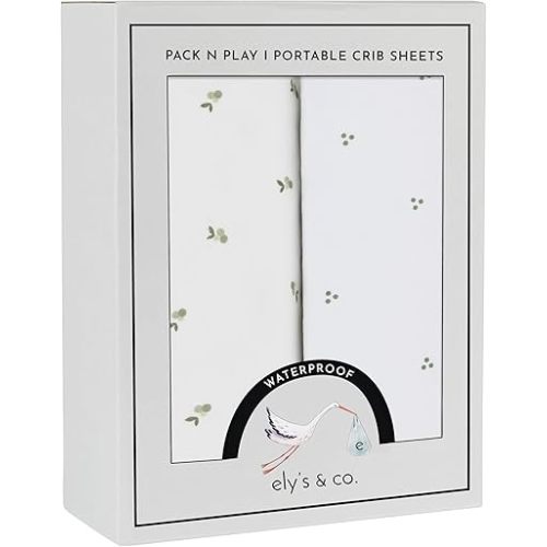 Ely's & Co. Patent Pending Waterproof Pack and Play Sheets, 100% Cotton with Waterproof Lining – 2 Pack Fitted Mini Crib Sheet Set, Berry and Cluster Dot (Sage) 38” x 24”
