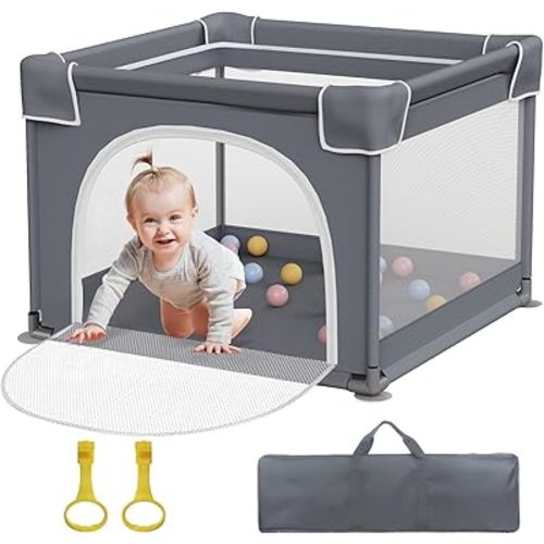 Small Playpen for Babies and Toddlers, Small Baby Playpen with Soft Breathable Mesh, Small Baby Play Yard with Anti-Slip Base, Mini Baby Fence Play Area with Pull-up Ring 36"x36"