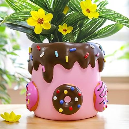 GUGUGO Cute Donut Planters, Unique Plant Pots with Drainage, Rainbow Colorful Small Flower Pots for Indoor Plants, Funny Succulent Planter Pot Gift for Plant Lovers, Modern Boho Home Decor, Pink