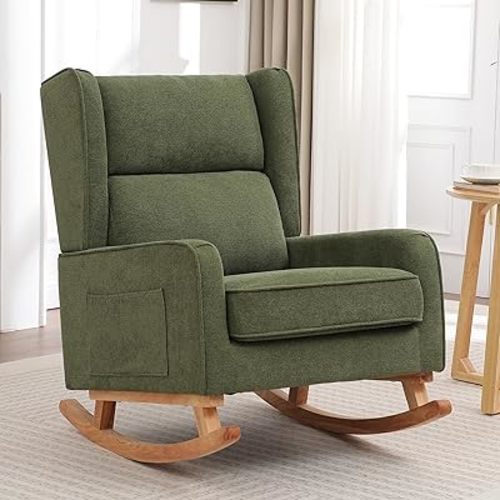 Nursery Rocking Chairs, Rocking Chair Nursery for Mom Nursery Rocker with High Backrest and Solid Wood Legs, Modern Wingback Accent Chair for Reading Living Room Bedroom, Green