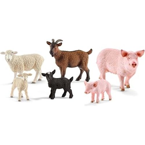 Schleich Farm World Farm Animal Toys for Toddlers & Kids Ages 3+, 6-Piece Mom and Baby Toy Farm Animal Set Pig, Piglet, Goat, Goat Kid, Lamb and Sheep Figurine Farm Set, 77584