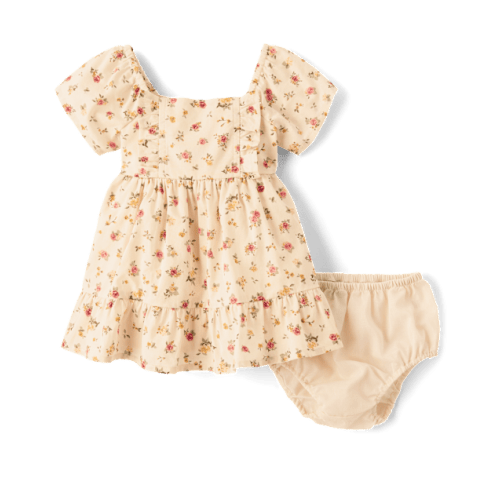 Baby Girls Floral Ruffle Fit And Flare Dress - Tan