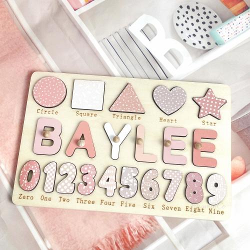 Personalised Name Puzzle with Name/Wooden Shapes and Numbers/Montessori Board/First Birthday Gift