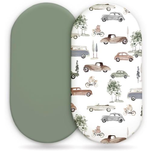 GRSSDER Stretchy Ultra Soft Fitted Bassinet Sheet Set 2 Pack, Universal Fit for Bassinets Baby Cradle Moses Basket Oval Rectangle Mattress Safe and Snug, Stylish Bassinet Sheets of Cars Print for Boys