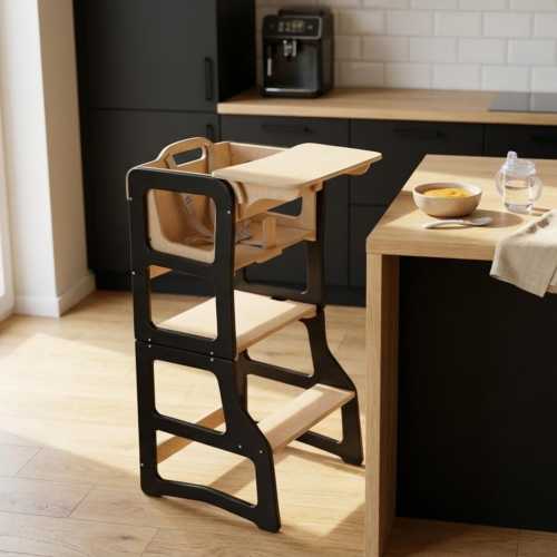 4-in-1 Montessori Toddler Tower: Convertible High Chair, Desk, Foldable Kitchen step stool
