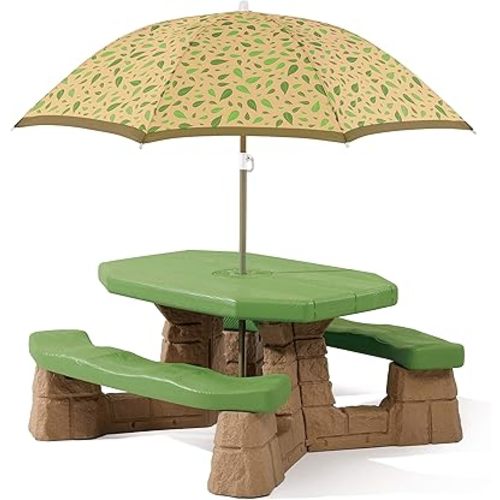 Step2 Naturally Playful Kids Picnic Table with Removeable Umbrella, Indoor/Outdoor Toys, Fits 6 Children, Made of Durable Plastic, For Toddlers 3+ Years Old, Green & Leaves