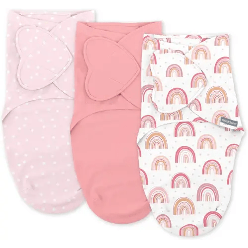 SwaddleMe by Ingenuity Monogram Collection Baby Swaddle, 100% Cotton, Improves Sleep & Calms Startle Reflex, 0-3 Months, Pocket Fold Design for Easy Changes, 1.0 TOG, 3-Pack - Rainbow