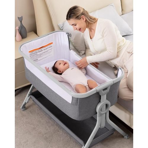 Larex 3 in 1 Baby Bassinet Bedside Sleeper, Breathable Mesh Safe Bedside Bassinet for Baby, Easy Assemble & Folding Portable Bassinet, 5 Height Adjustable Bedside Crib with Storage Basket, Mattress.