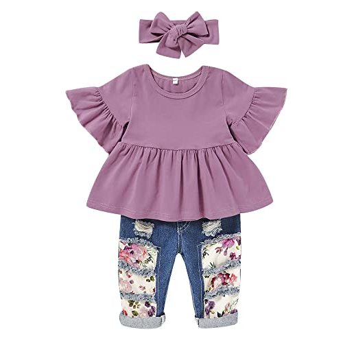 NZRVAWS Baby Girl Clothes Toddler Girl Outfit Infant Denim Ripped Jeans Ruffle Floral Leopard Shirt Pant Set Girl 0-4T