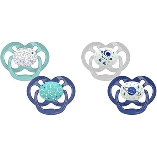 Dr. Brown's Advantage 100% Silicone Symmetrical Baby Pacifier, Blue, 6-18m, 2 Pack of Glow-in-The-Dark and Regular