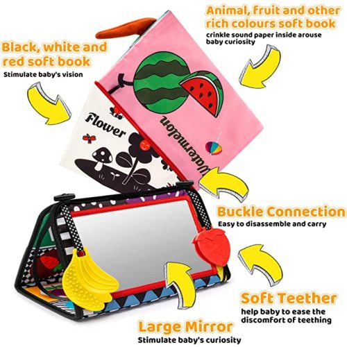 Oukzon Baby Toys 0-6 Months, Tummy Time Mirror Infant Newborn Toys with Montessori Sensory Crinkle Black & White Book and Teethers, 0-3-6-12 Months Boys Girls Baby Gift