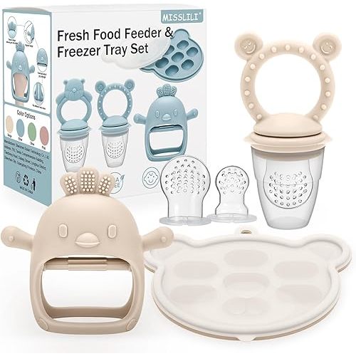 3 Pack Silicone Teething Mitten for Babies with Baby Fruit Food Feeder & Freezer Tray Set, BPA Free Infant Teething Relief Toy for 3 Month+, Additional Silicone Sacs