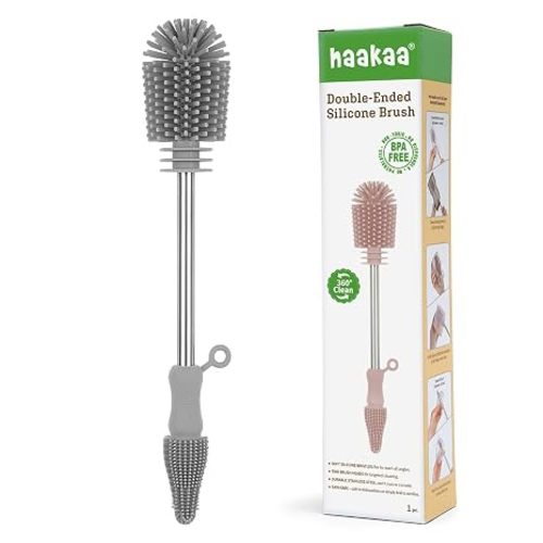 Haakaa Silicone Cleaning Brush for Baby Bottles and Crevices, Double-Ended Bottle Brush for Breast Pumps, Milk Collectors, Nipples and Breastmilk Storage Bags, Food-Grade Silicone, SUVA Grey,1 Pack