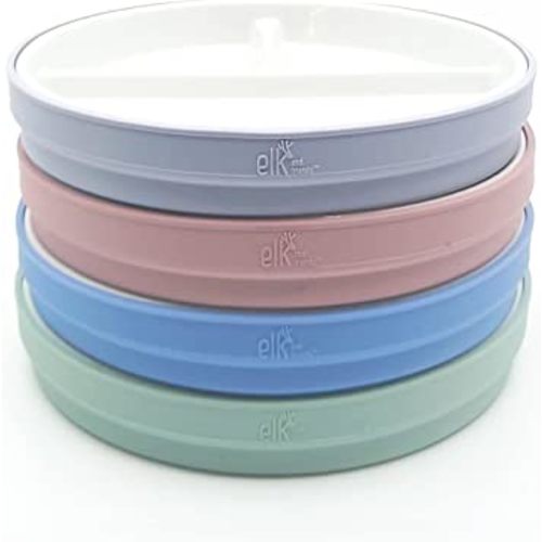 Elk and Friends Kids 7.8” Porcelain White Plates with Silicone Sleeves | Divided Plates | Suitable for Kids/Toddlers | Microwave & Dishwasher Safe | Non Slip | Snack Dishes…