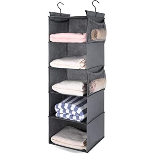 MAX Houser 5 Shelf Hanging Closet Organizer, Space Saver, Cloth Hanging Shelves with 4 Side Pockets, Foldable, Grey