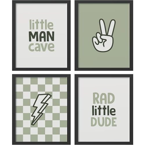 Hxlac Preppy Boho Nursery Boy Wall Art Prints Set of 4 UNFRAMED - Boys Room Playroom Wall Decor, Sage Green Boho Nursery Wall Decor for Toddler Baby Boy Room Decor (8x10 Inches)