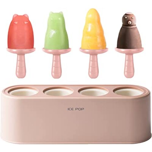 Popsicle Mold Set 4 Pieces Homemade Silicone Popsicle Maker Easy Release Ice Cream Molds Reusable DIY Pop Molds (Ice World, Pink)