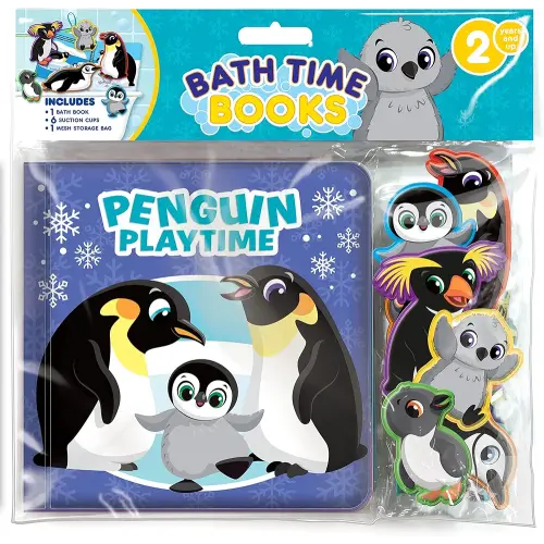 Phidal Penguin Bath Time Books - Activity Books for kids, Bath book, 6 Padded suction cups, 1 Mesh bag